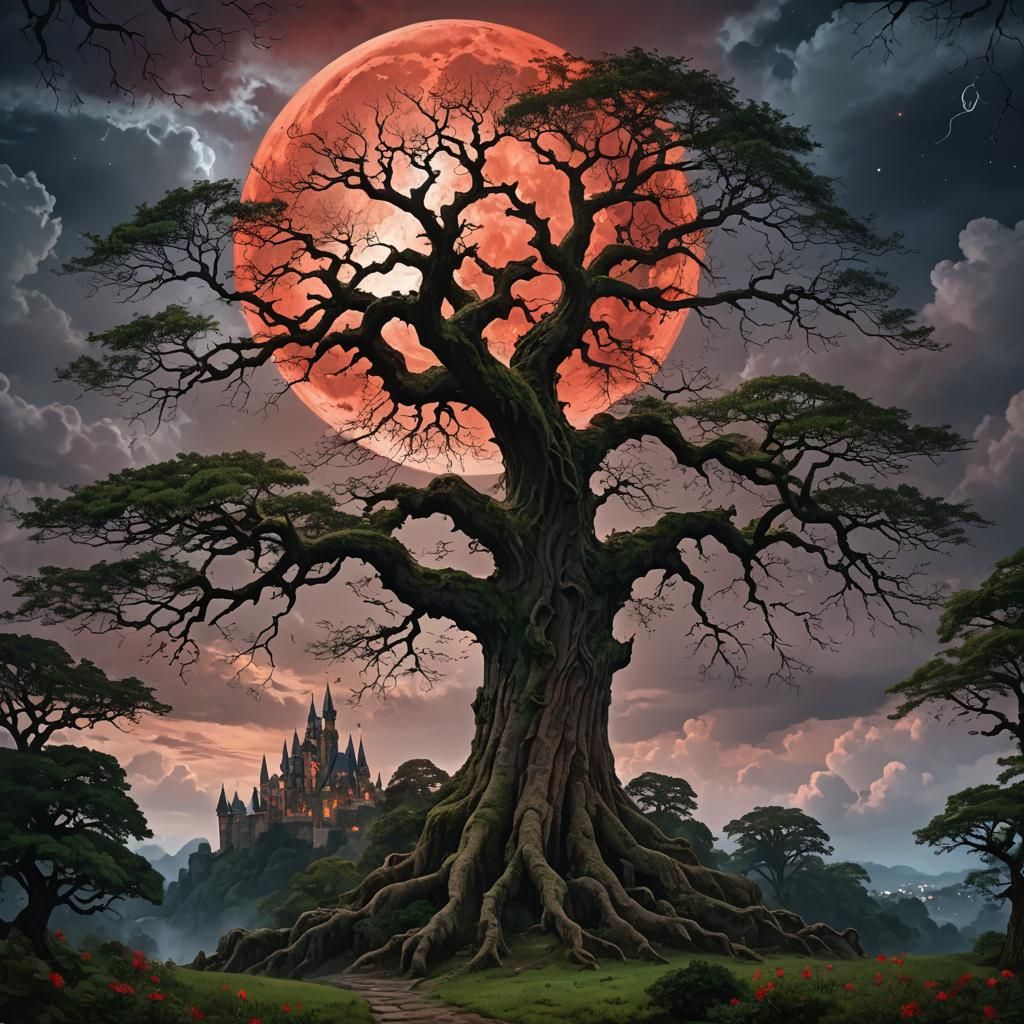 Mystical Tree and Castle Under Red Moon
