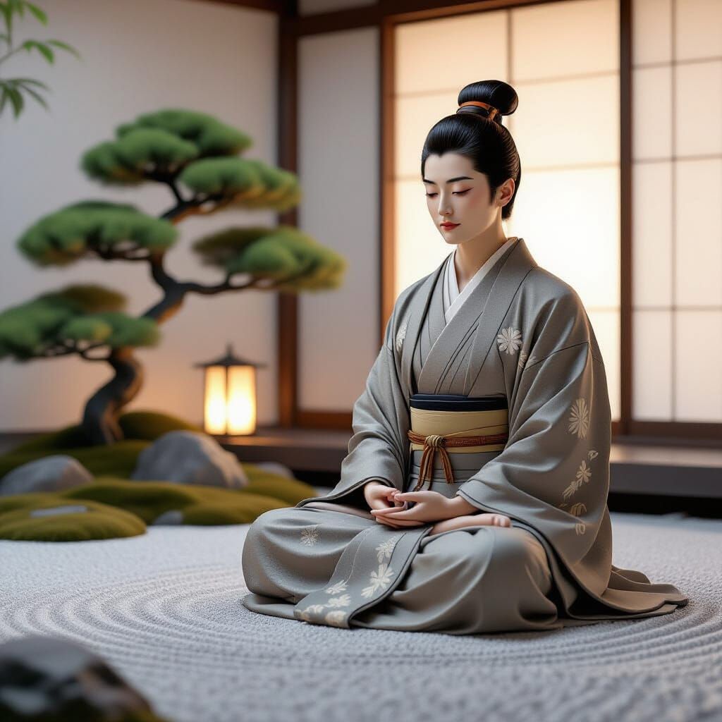 Meditating Monk in Zen Garden, Alphonse Mucha Style