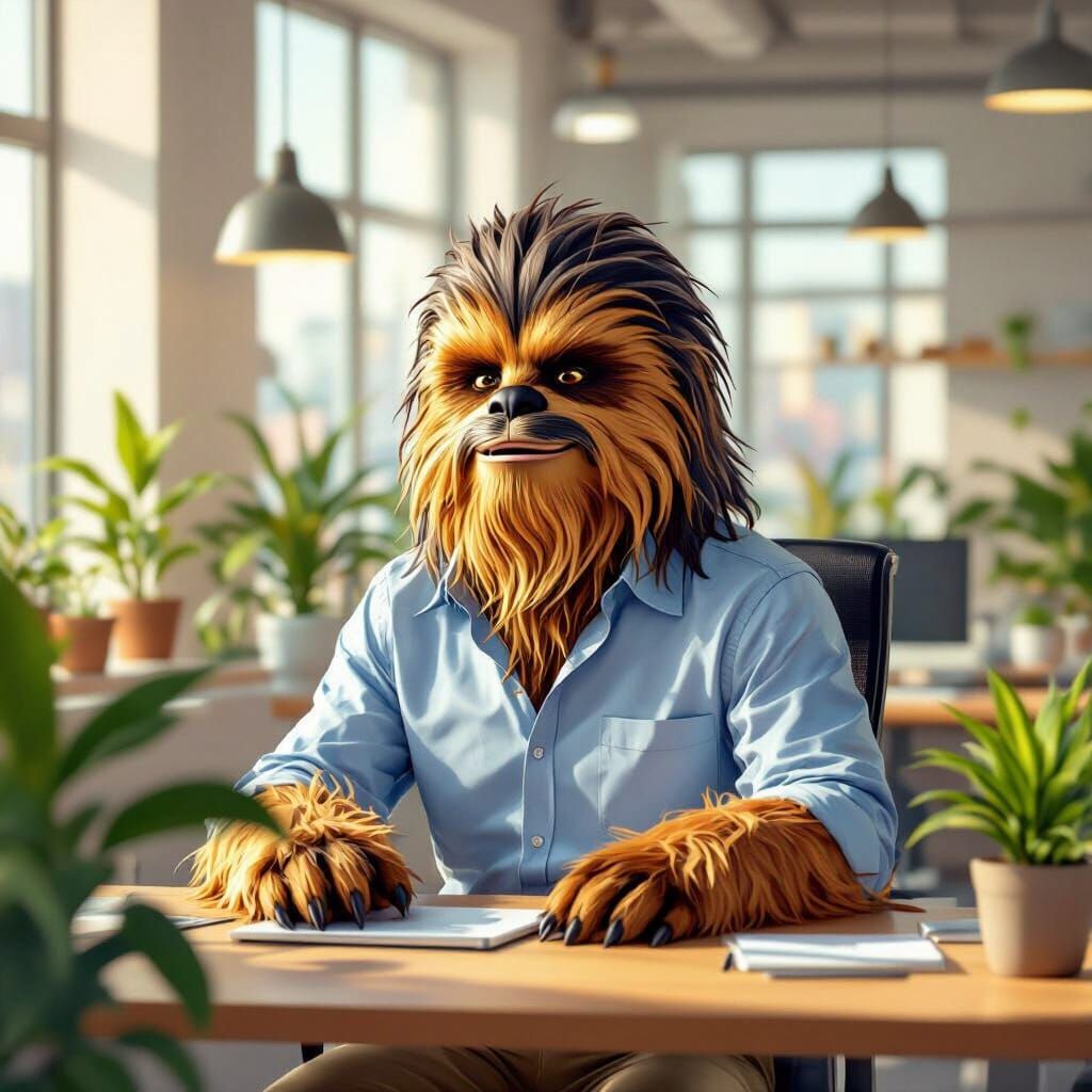 Wookiee with Mullet Working in Bright Open Office