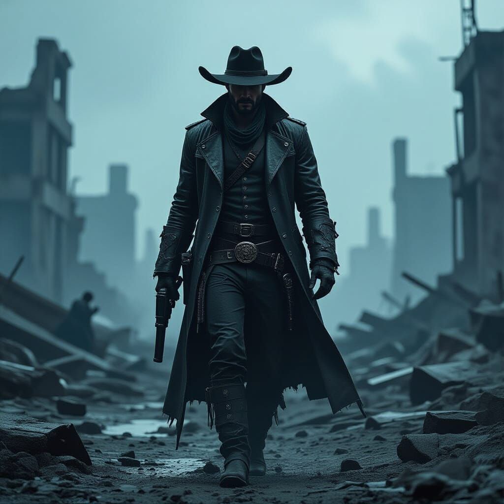 Wasteland Gunslinger in Dark Futuristic Ruins