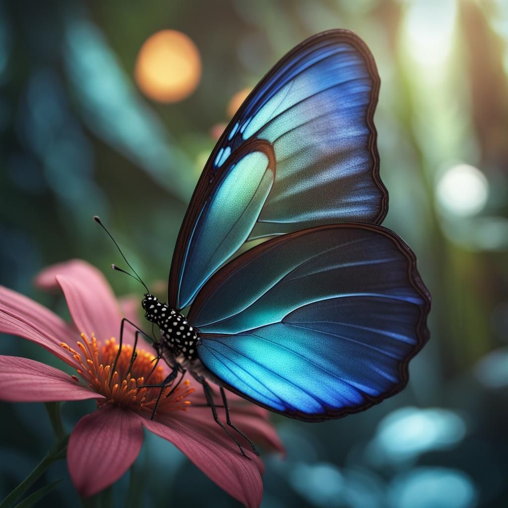 Translucent Morpho Butterfly on Tropical Flower