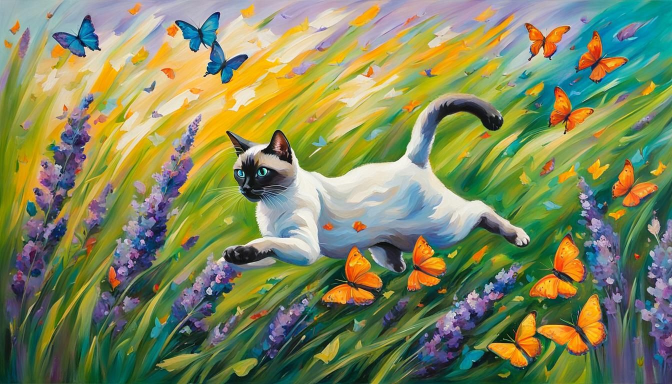 Siamese Cat Mid-Pounce: Expressionist Painting with Impasto