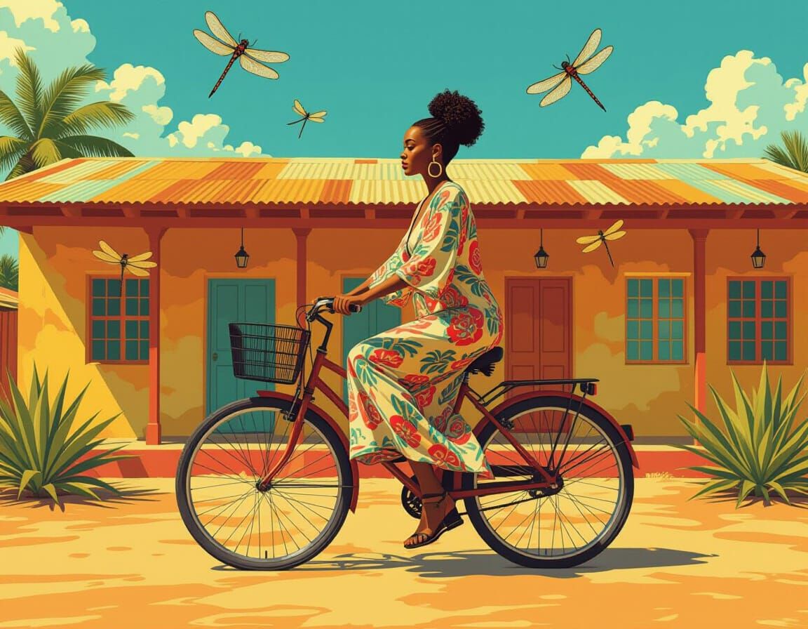 African American Woman in Kaftan Rides Bike Amidst Dragonfli...
