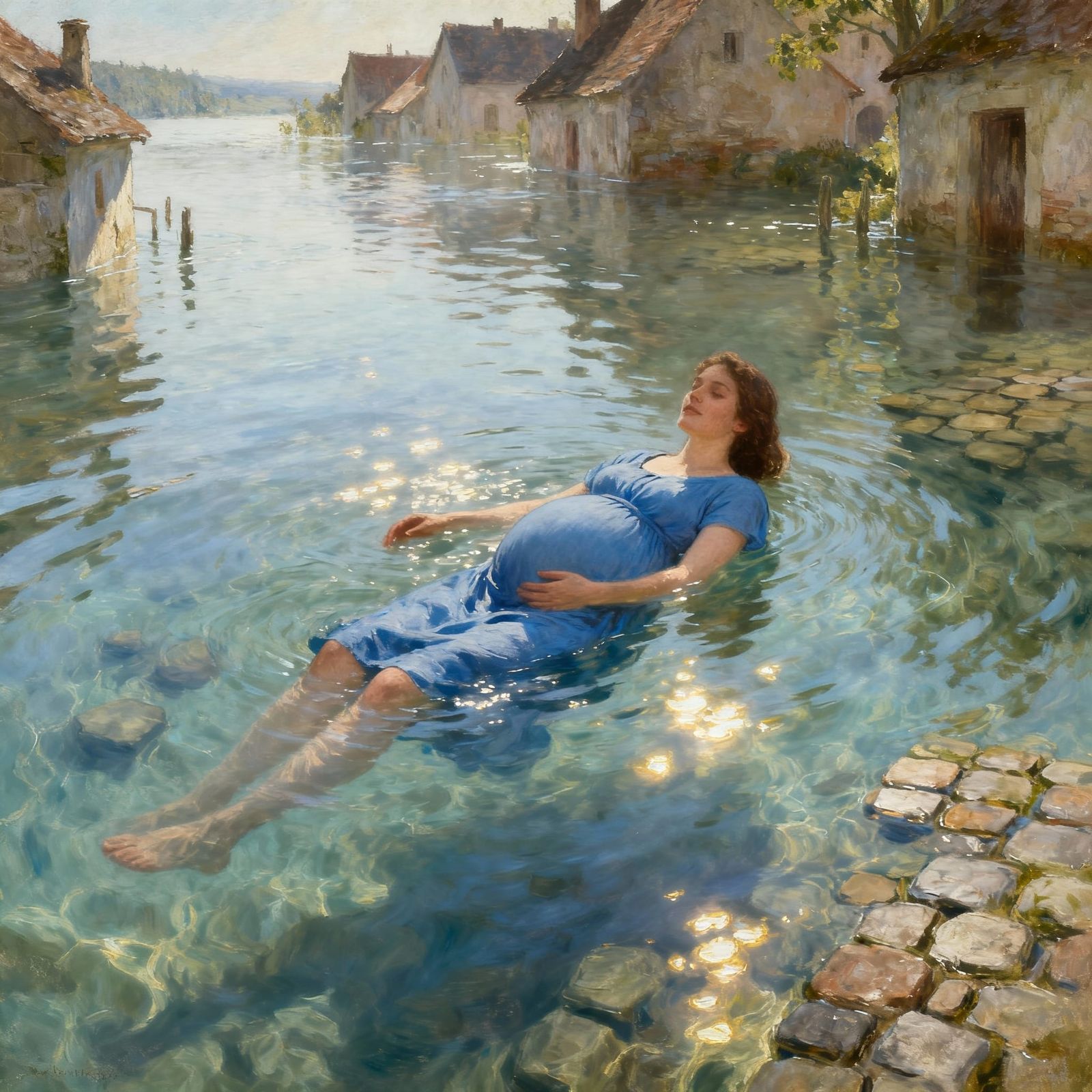 Pregnant Woman Floats Through Sunlit Floodwaters