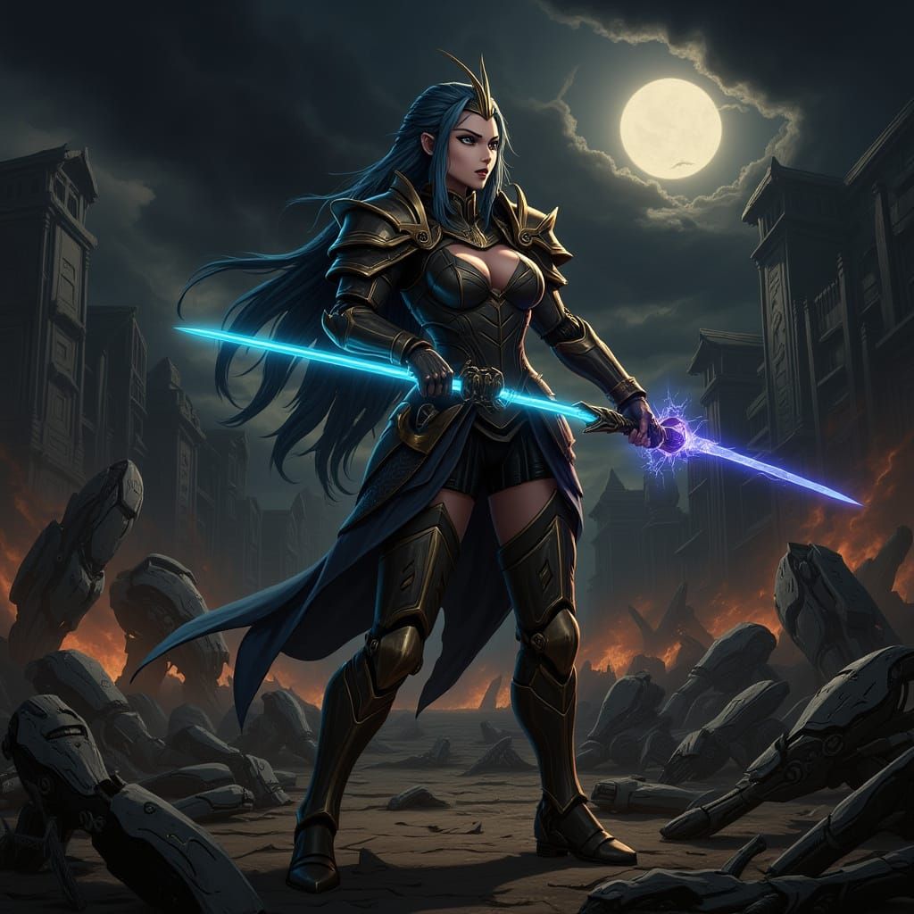 Warrior Queen in Anime Power Armor on Mech Battlefield