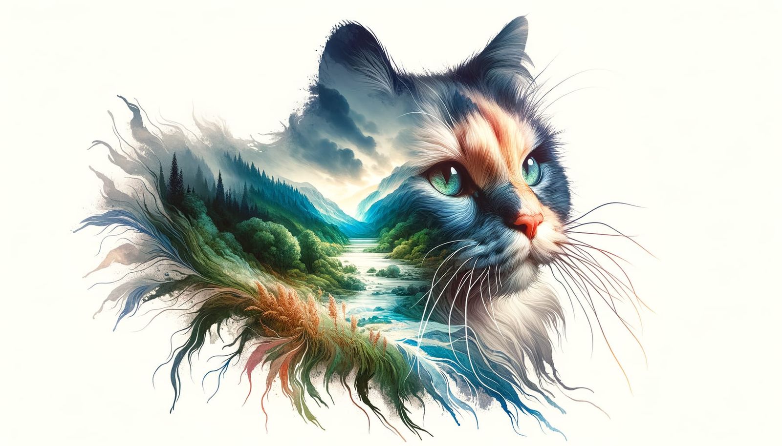 Watercolor Cat with Double Exposure Effect