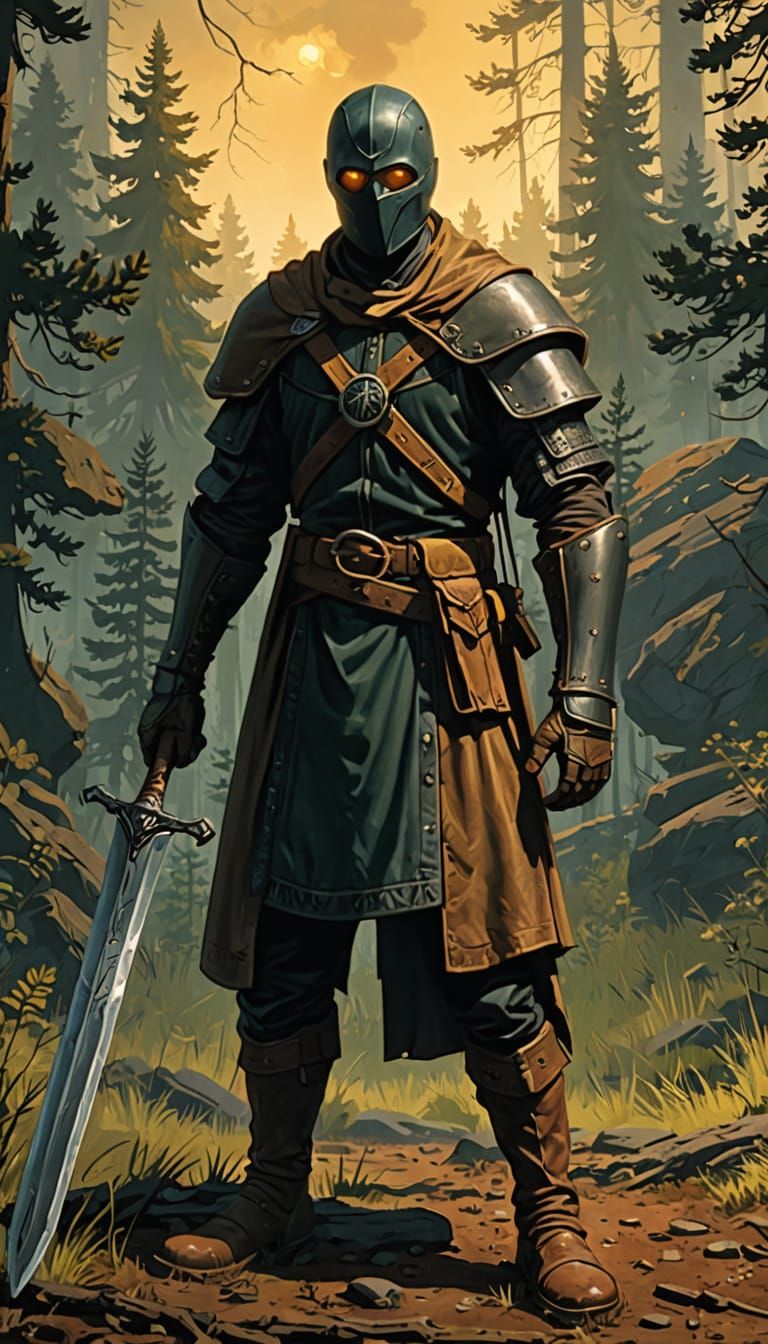 Dark Ranger Confronts Bandits in Shadowy Forest