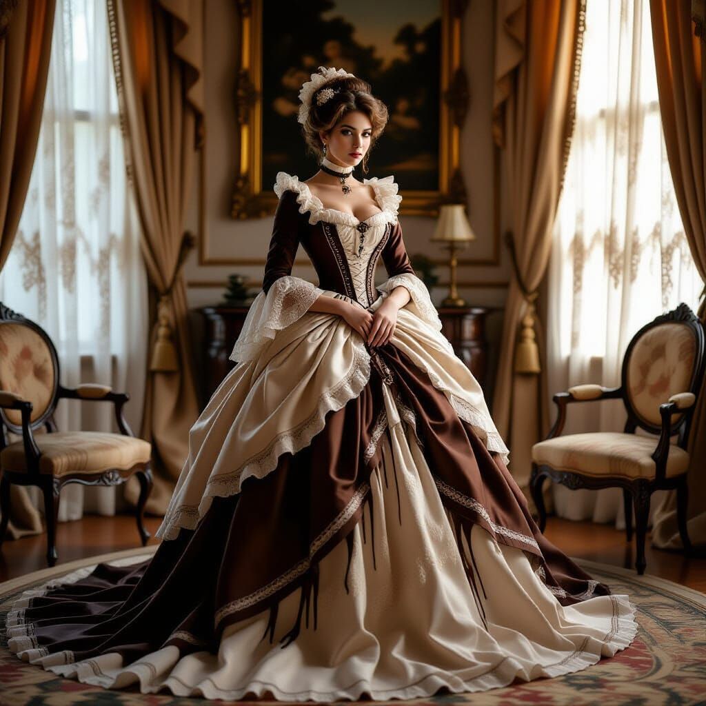 Victorian Woman in Cappuccino Foam Dress, Opulent Drawing-Ro...