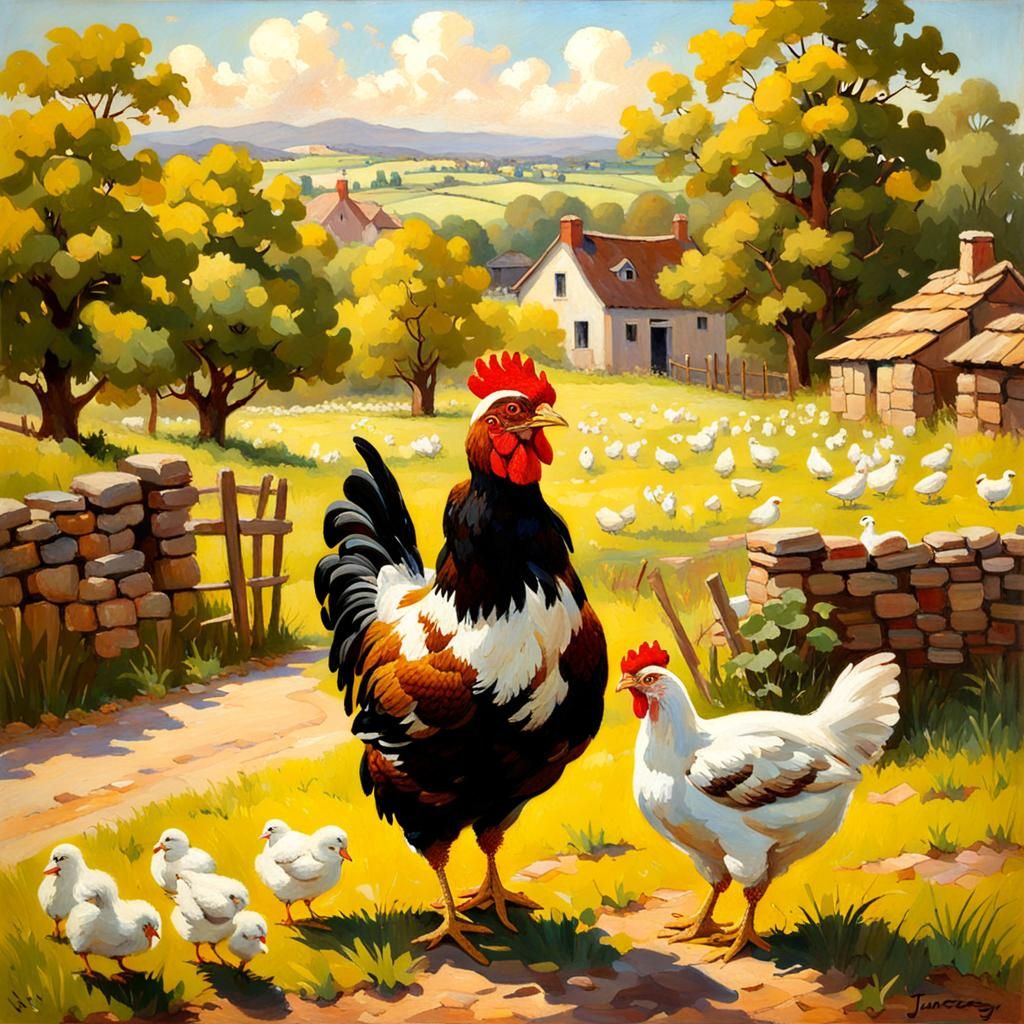 Mother Hen and Chicks: An Oil Painting Village Scene