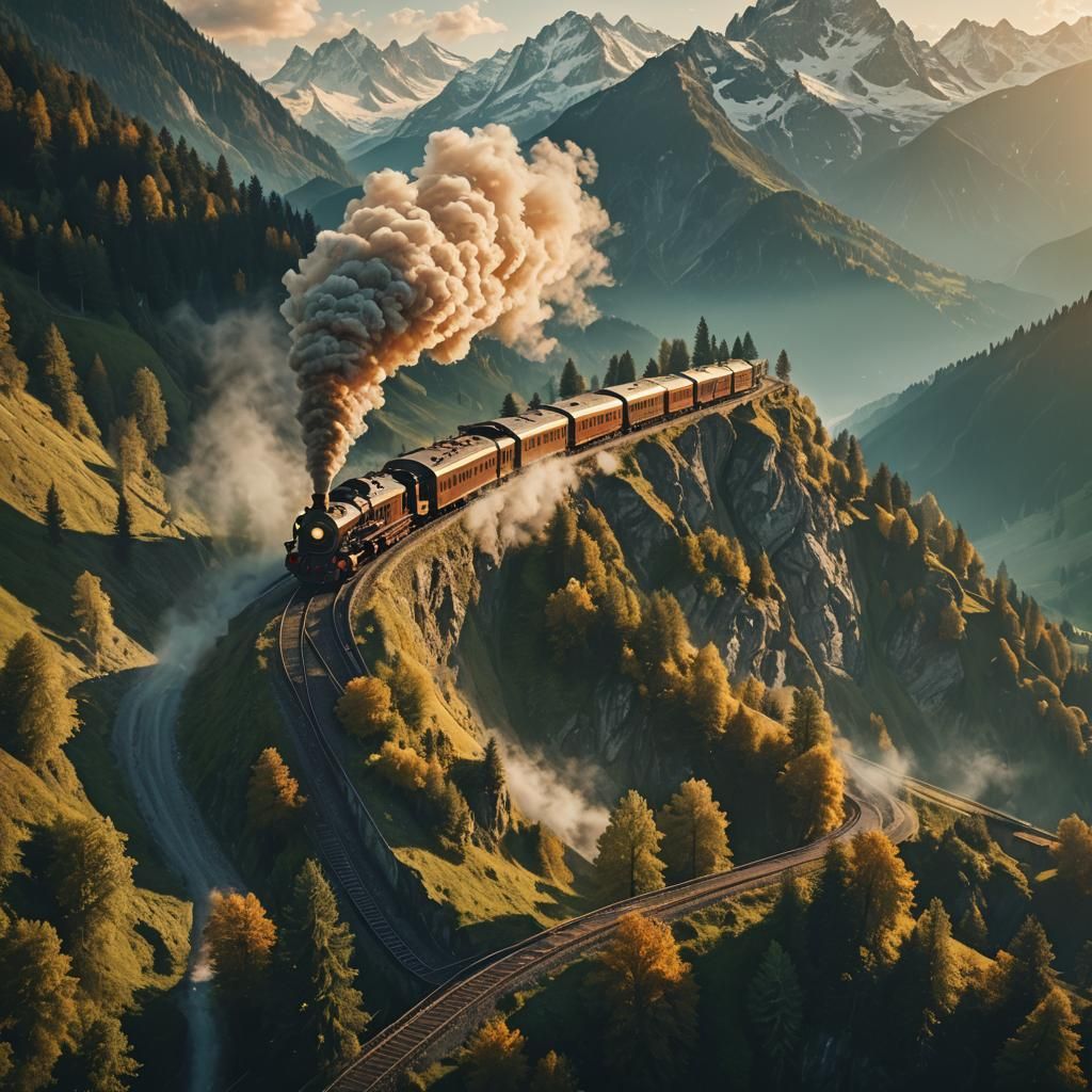 Steam Train Through Swiss Alps: Fantasy Concept Art