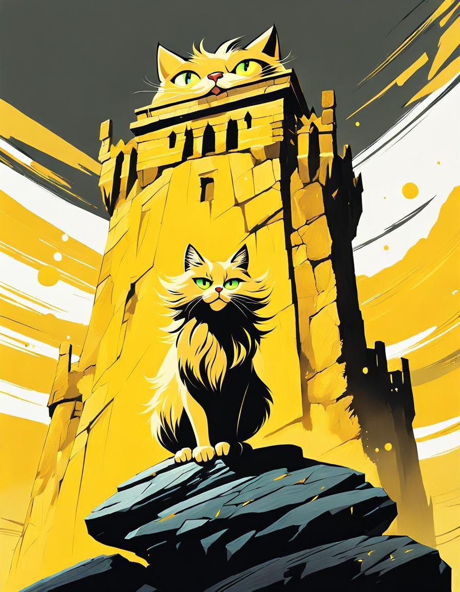 Frazzled Cat on Stone Tower in Pop Art Style