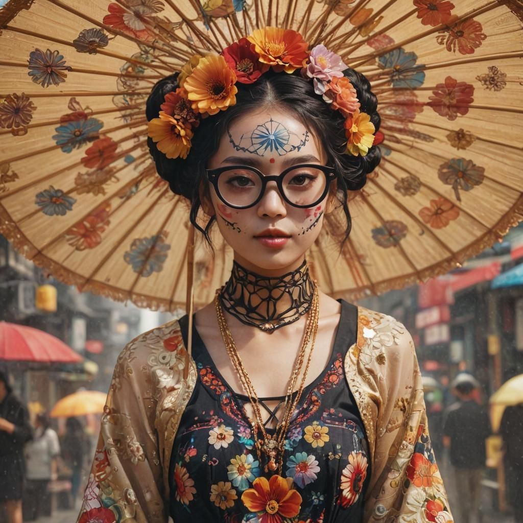 Stunning Japanese Woman as Catrina in Pop Art Style