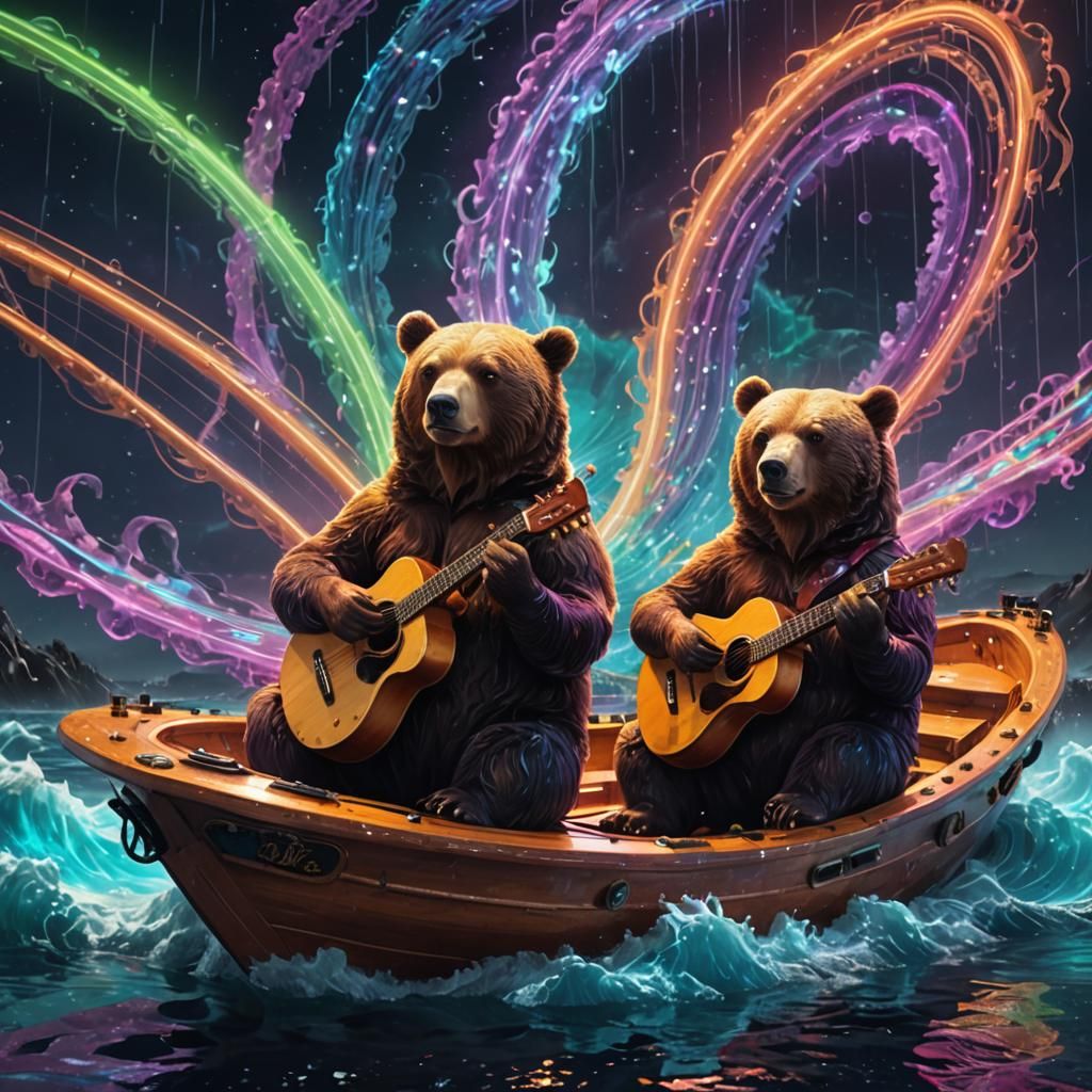 Neon Ship Bears Play Music in Sci-Fi Storm
