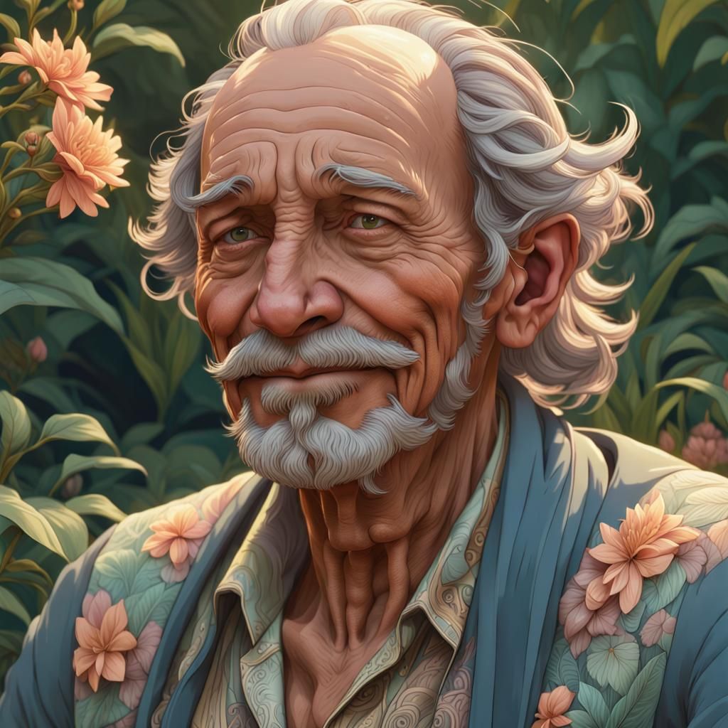 Nature's Elder: Detailed Portrait in Floral Patterns