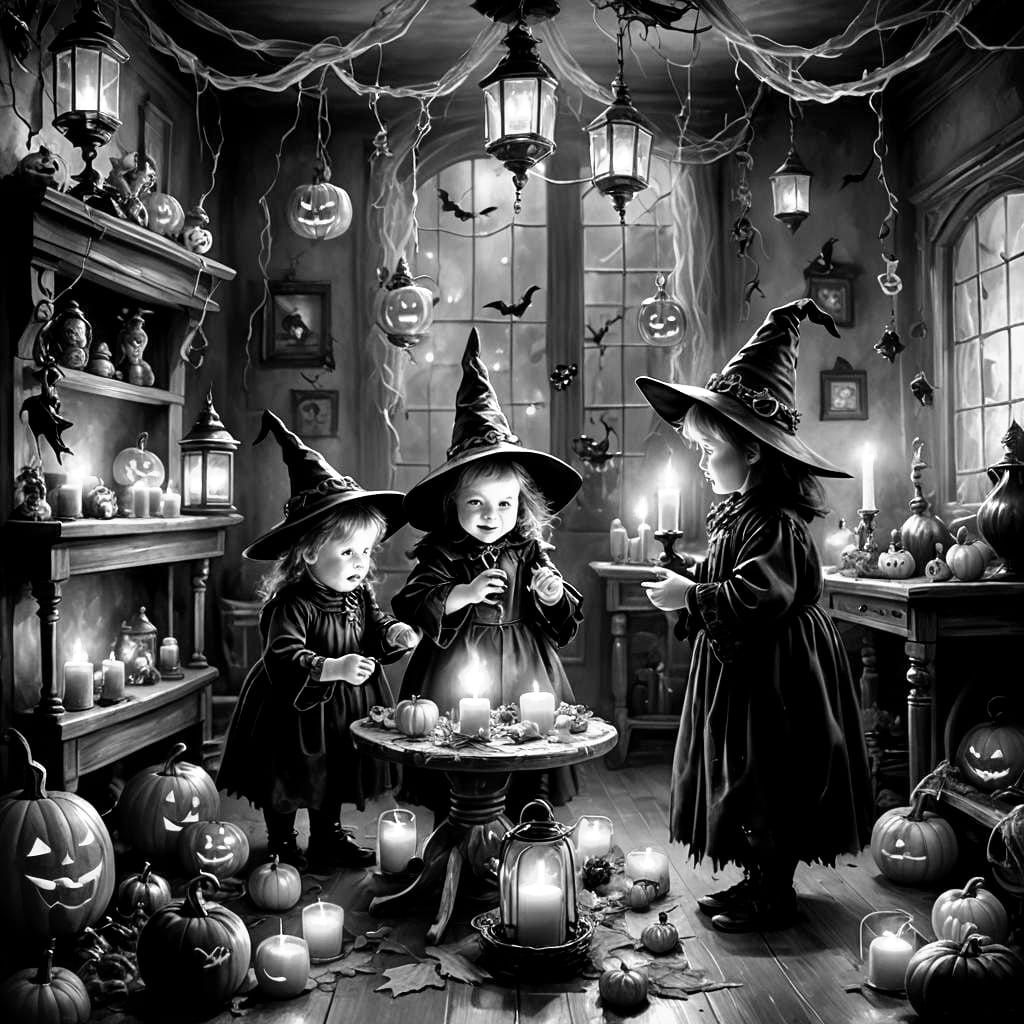 Adorable Baby Witches Celebrate Halloween, Hyperrealistic Fa...