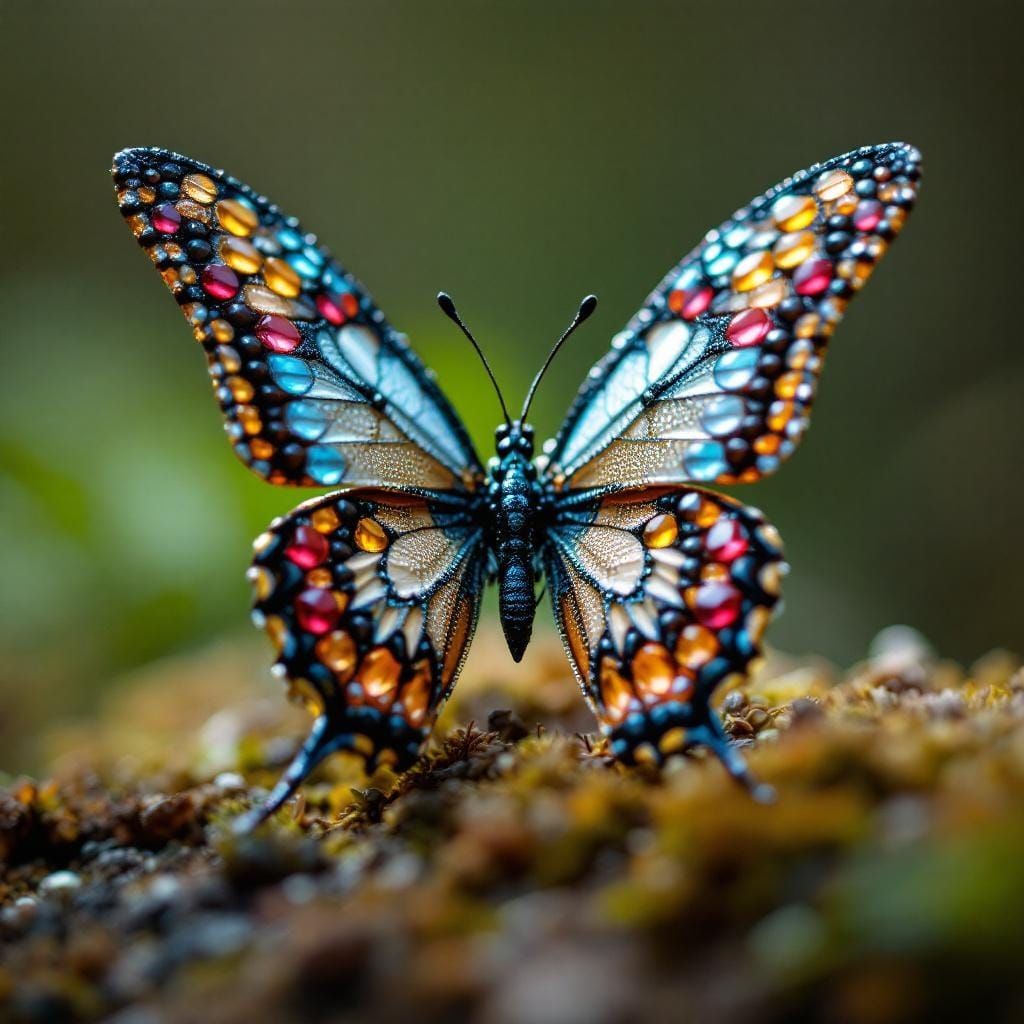 Macro Butterfly Made of Beads in Blurred Woods