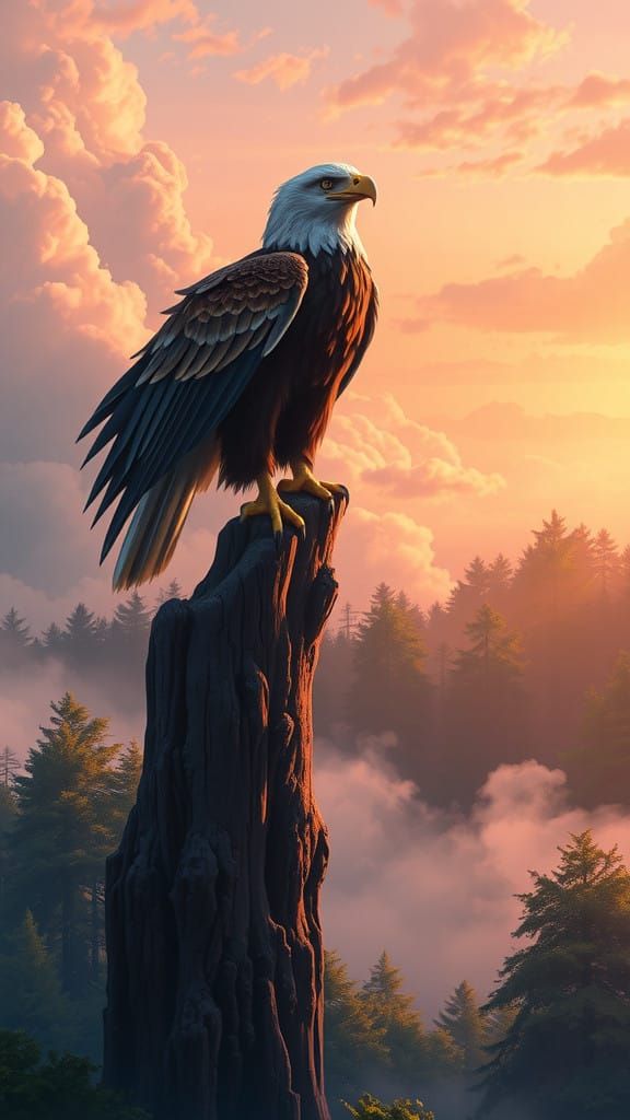 Victorious Eagle Soars Above Tranquil Forest in Anime Style