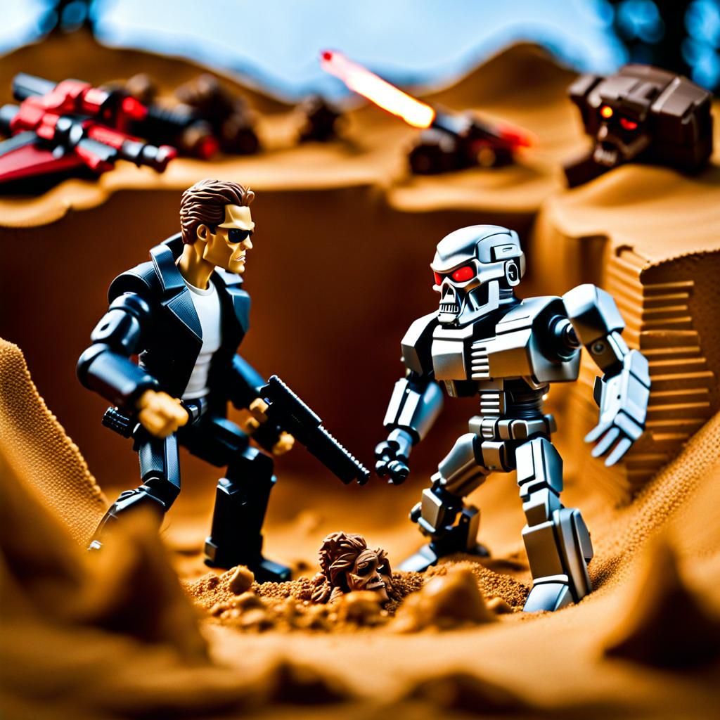 Terminator vs Gremlins Action Figures in Sandbox