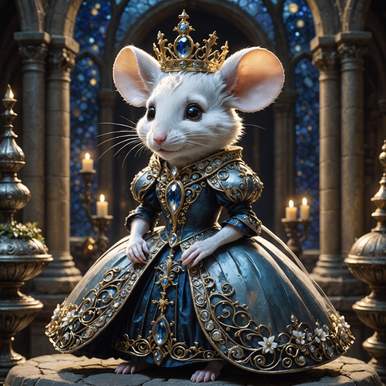 Elegant Mouse Queen in Cathedral Ruins
