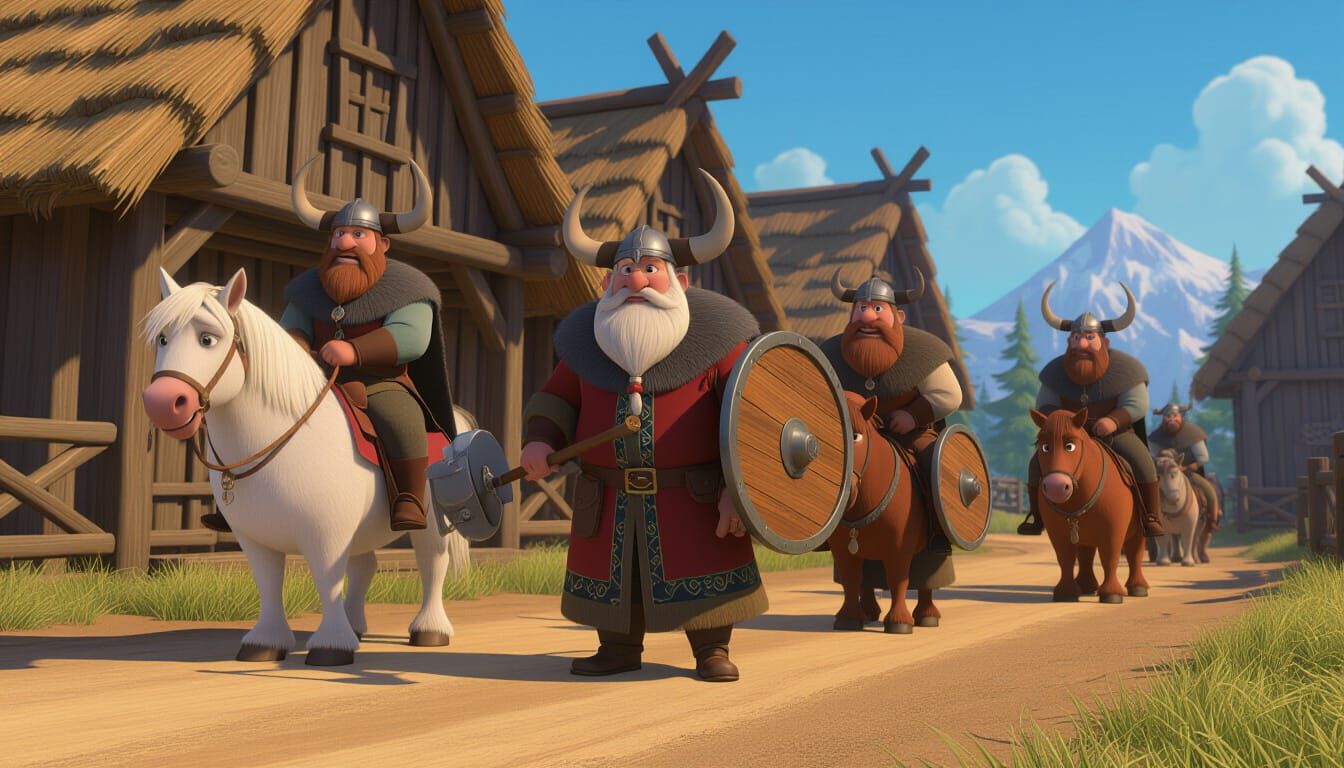 Vikingler Yemek Yerken Kış Fırtınası Pixar Tarzı