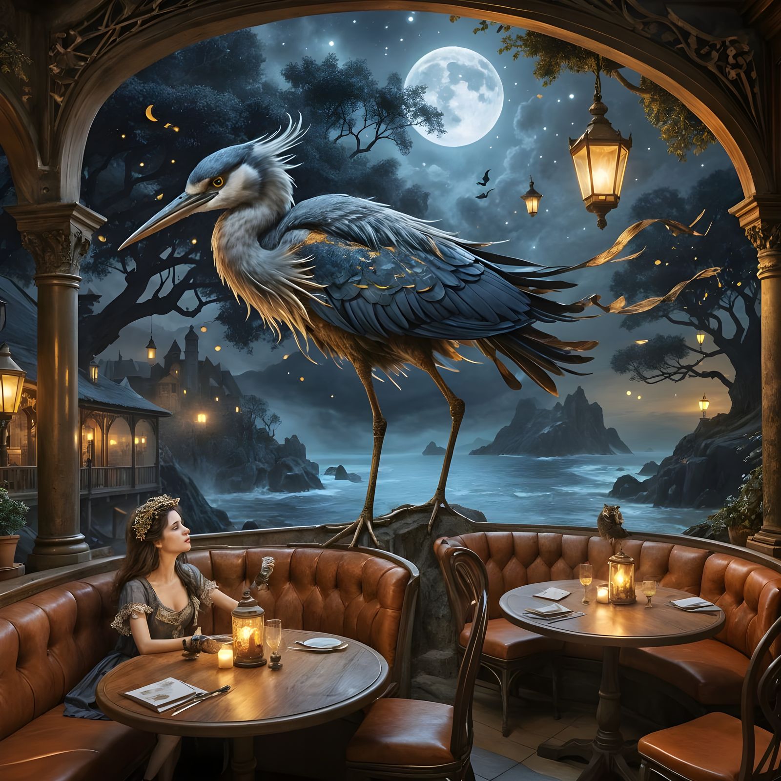 Whimsical Night Cafe Scene with Dancing Lady and Magical Cre...