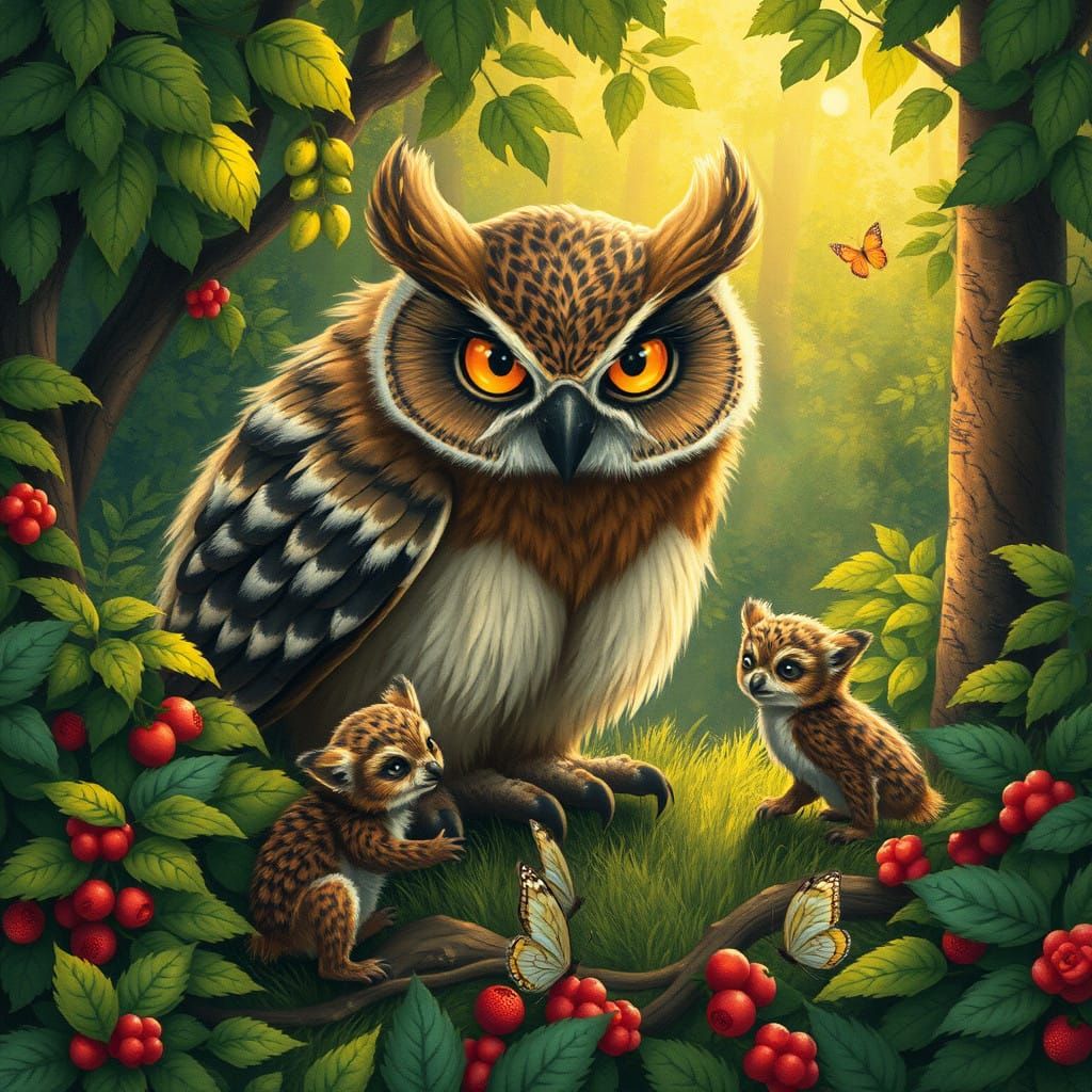 Owl-Bear Mother in a Whimsical Forest Glade