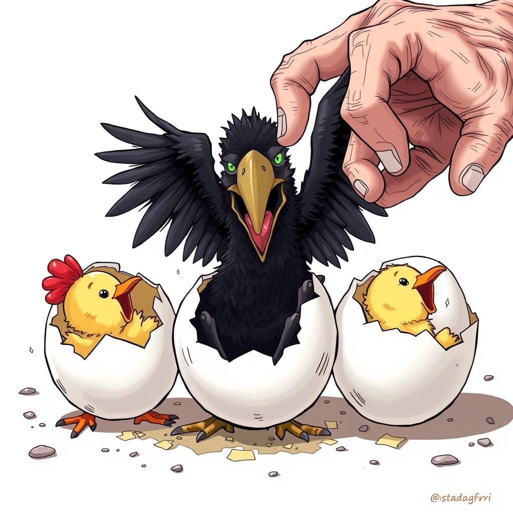 Anime-Style Hatching Eggs with Chicks and Vulture
