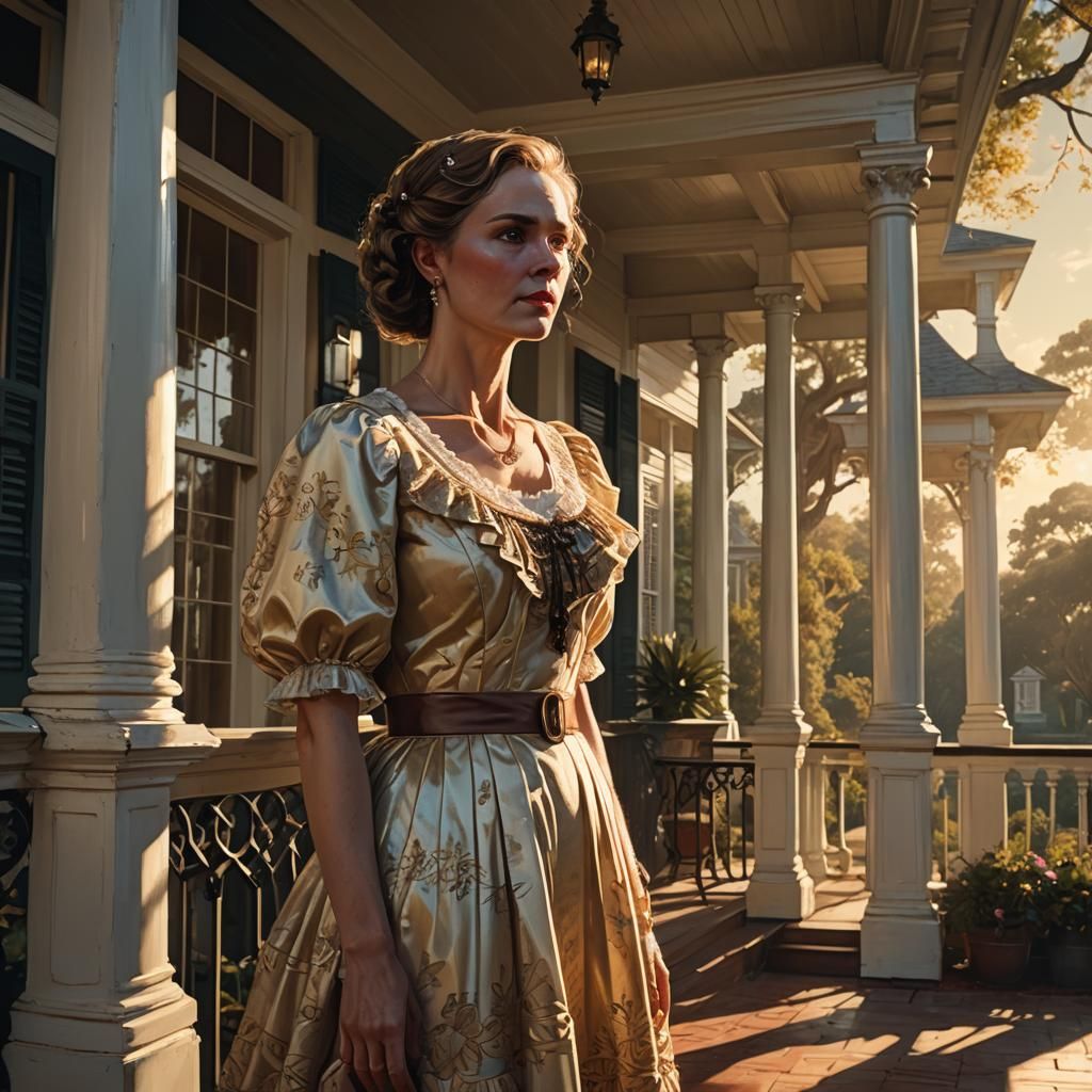 Southern Belle on Veranda in Art Deco Style