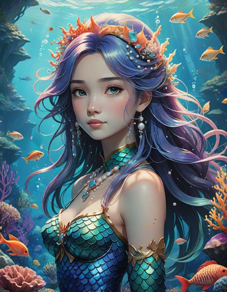 Bioluminescent Mermaid in Watercolor Ghibli Style