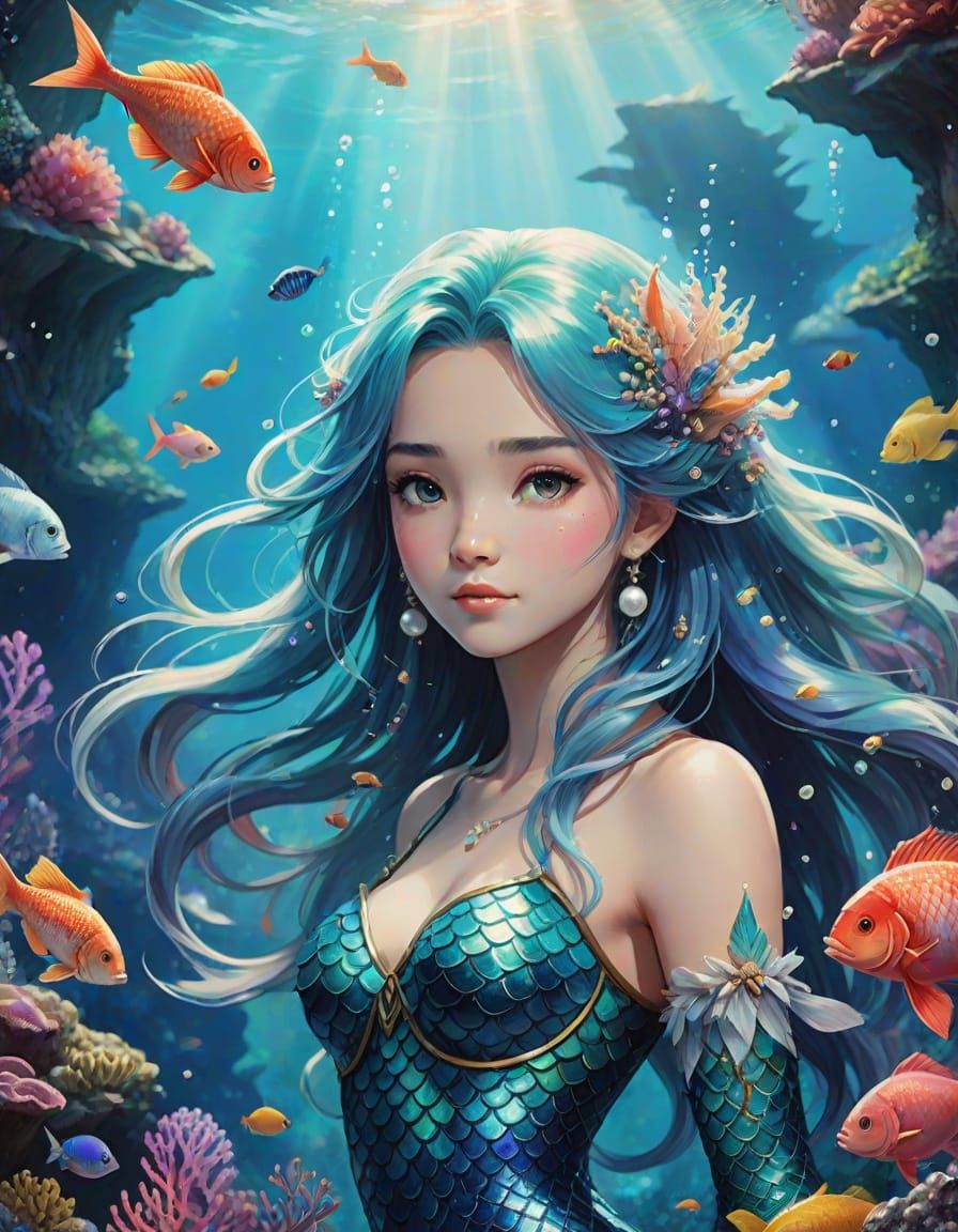 Bioluminescent Mermaid in Watercolor Style