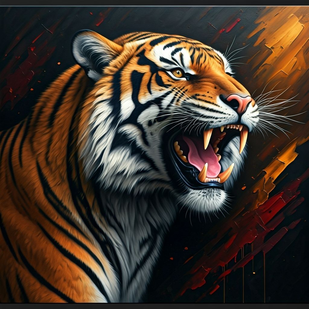 Roaring Tiger Emerges from Abstract Impasto Oil Painting