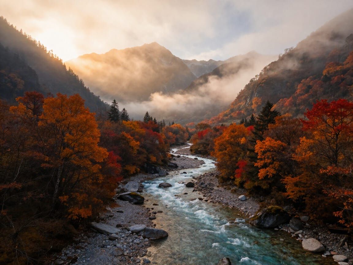 Misty Mountain Valley at Golden Hour Sunrise