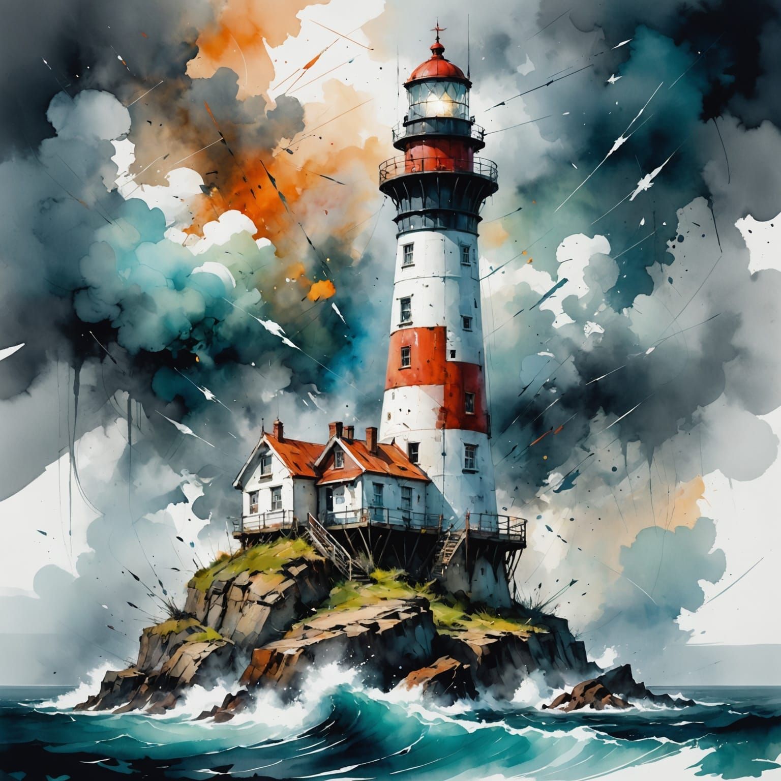 Lighthouse in Storm with African Tribe Rocket Ship
