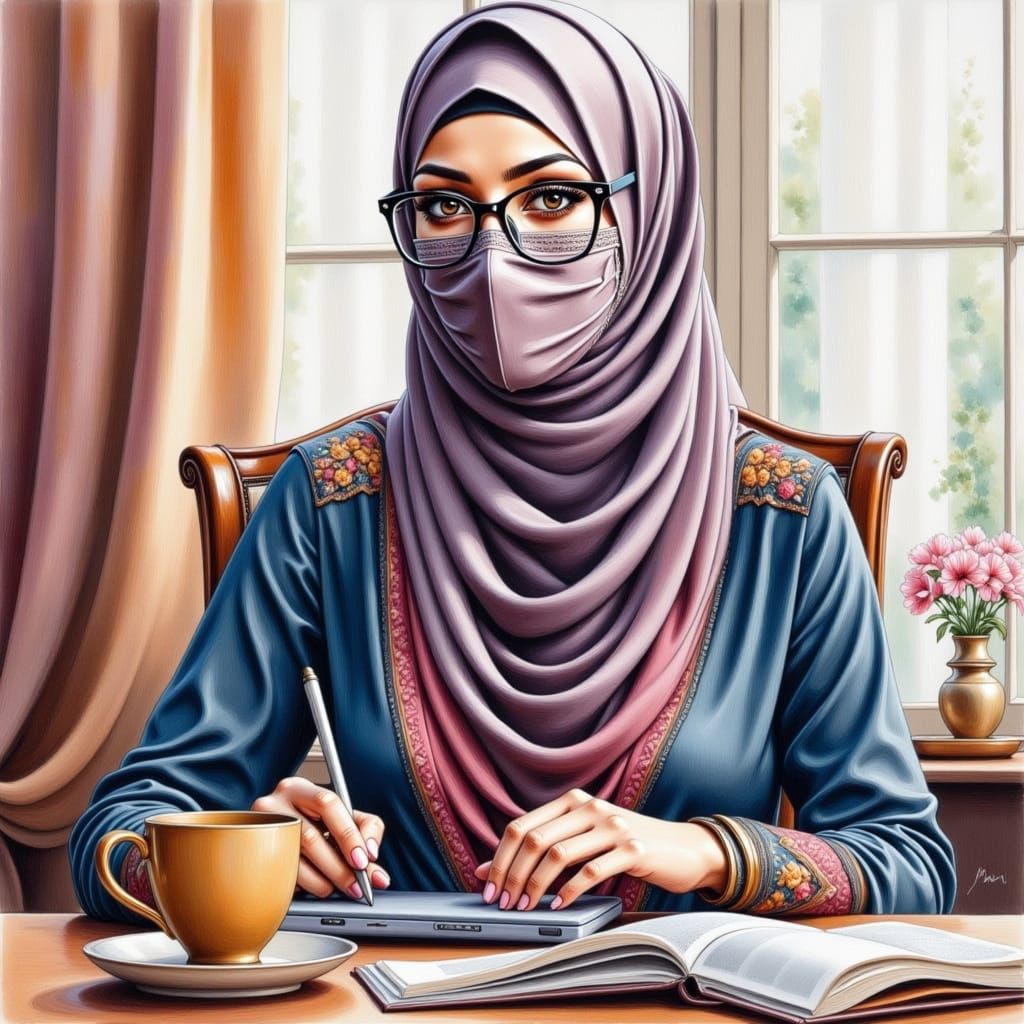Elegant Hijabi Woman at Work in Color Pencil Drawing