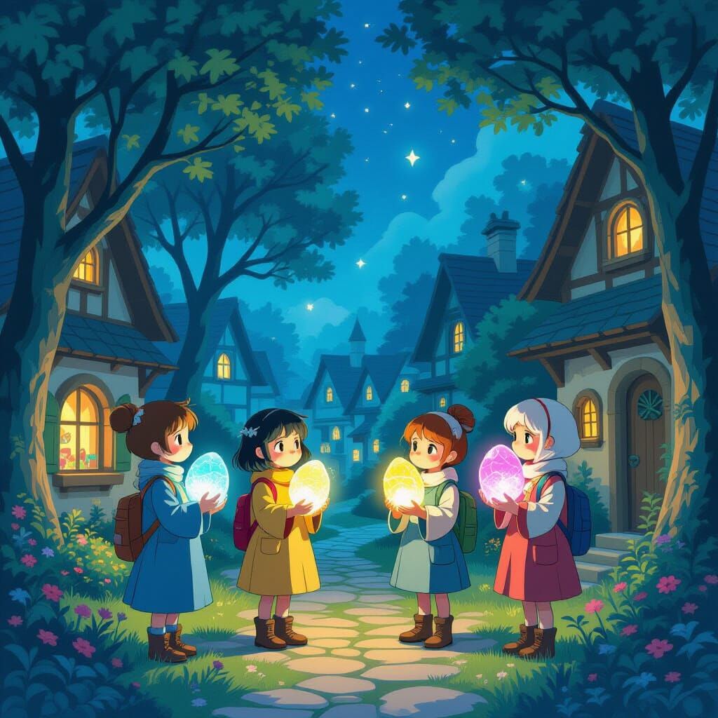 Glowing Stone Pets in a Whimsical Village