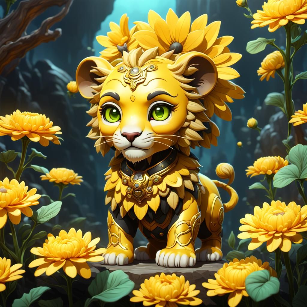 Chibi Chrysanthemum Lioness: Detailed Matte Painting