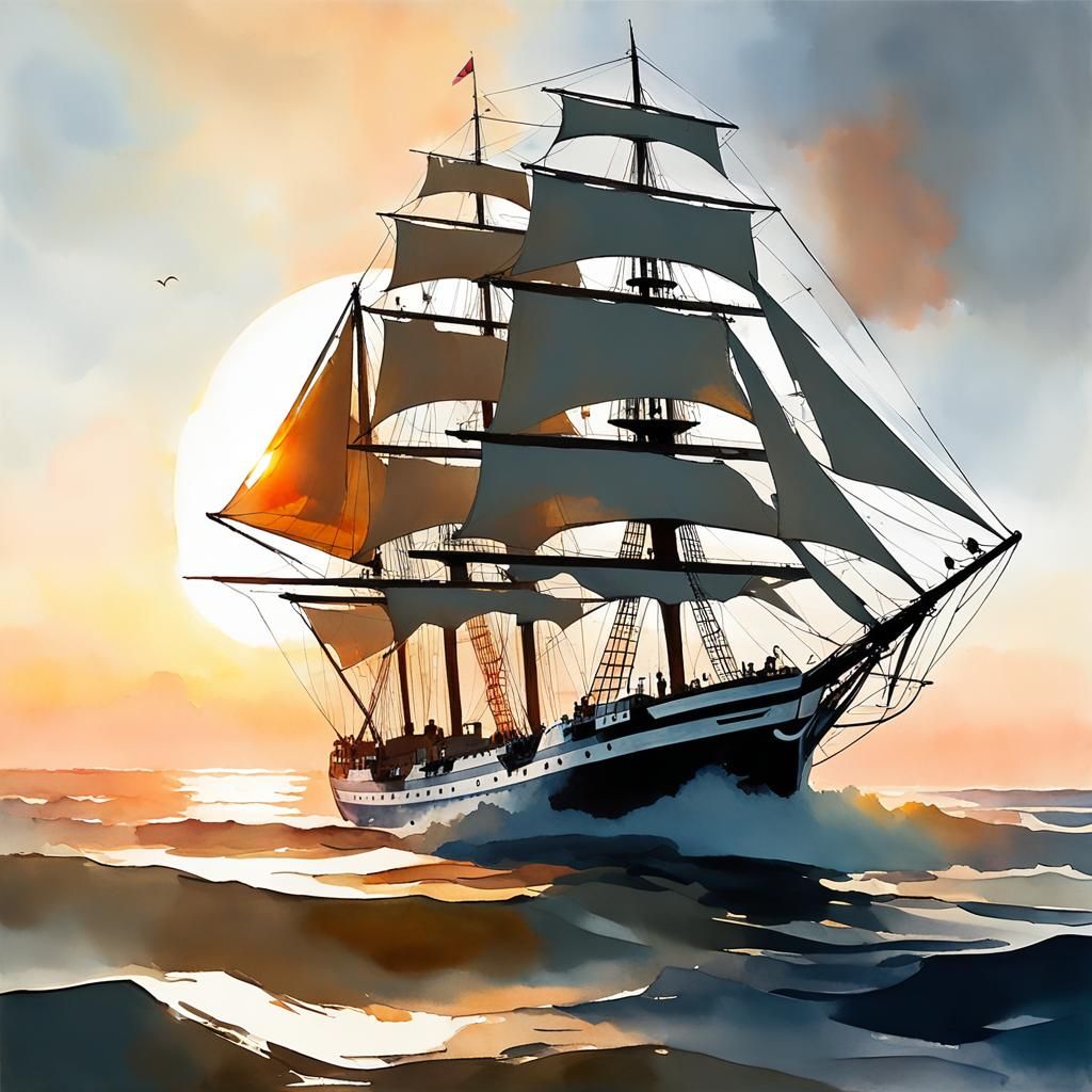 Watercolor Clipper Ship at Sunset