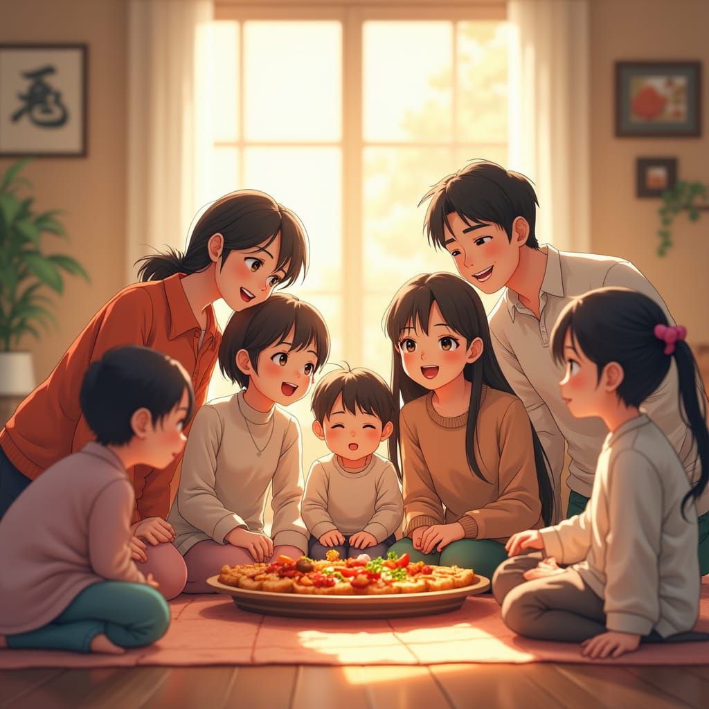 Anime Family Gathering in 3D Style