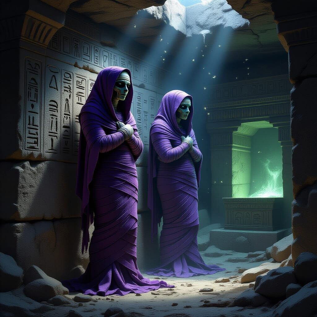 Ancient Mummies in Dimly Lit Tomb