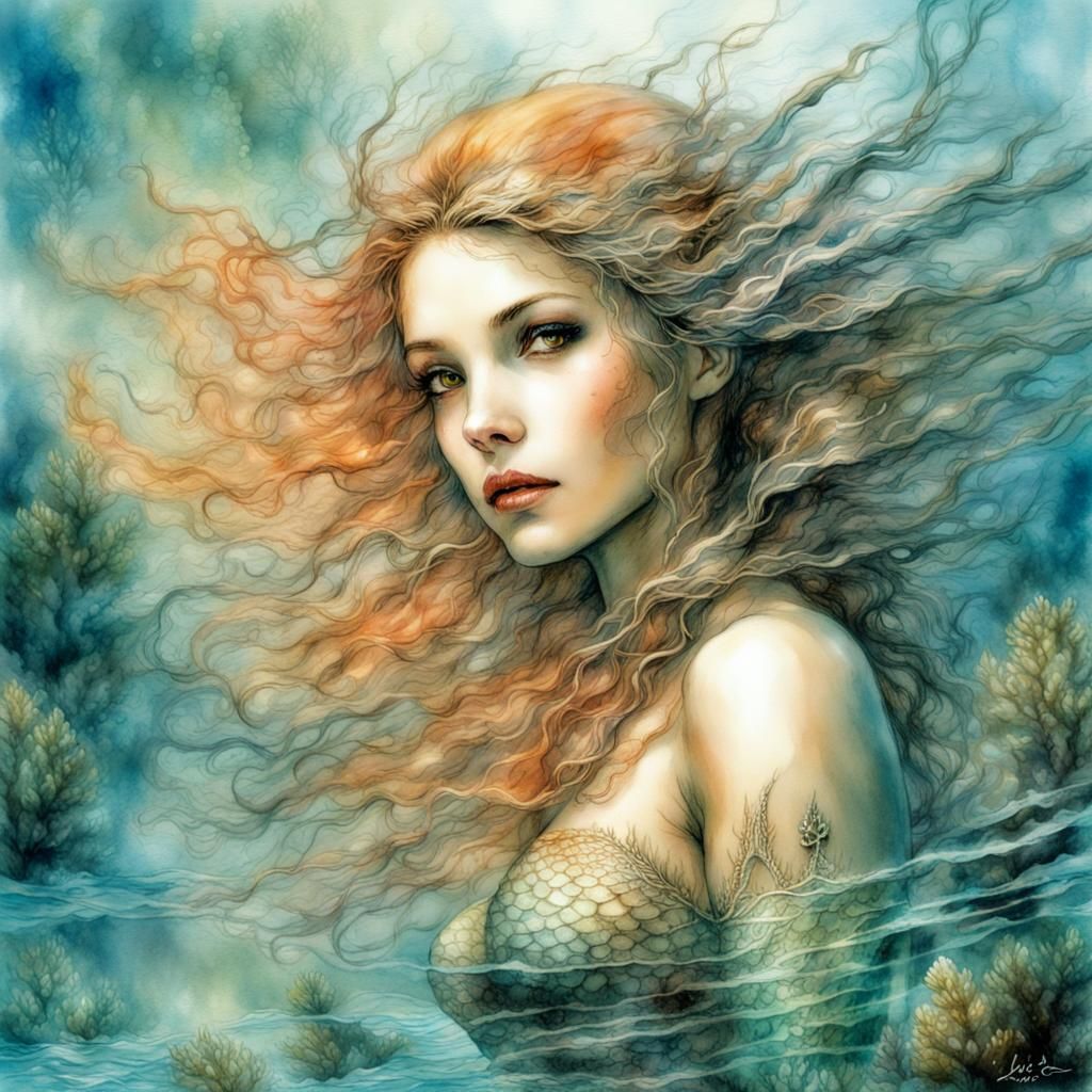 Mystical Mermaid Swimming Through Coral Reef