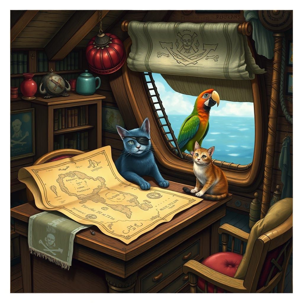 Pirate Captain's Cabin Scene with Russian Blue Cat and Treas...