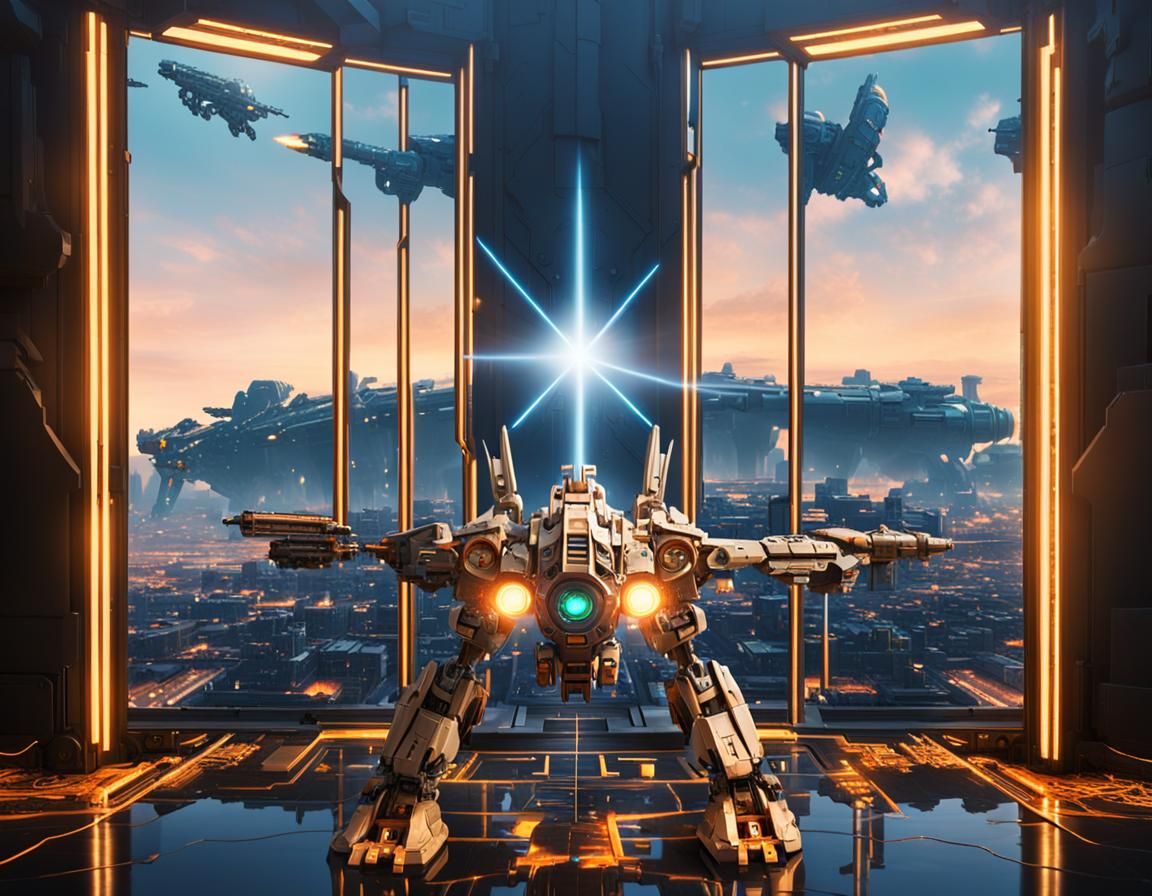 Detailed Mecha Ray Gun Battle with Fractal Lights