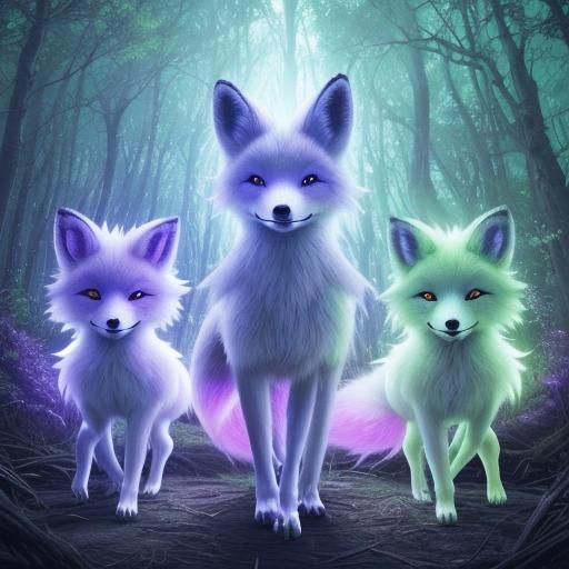 Nine-Tailed Foxes with Glowing Auras in Forest