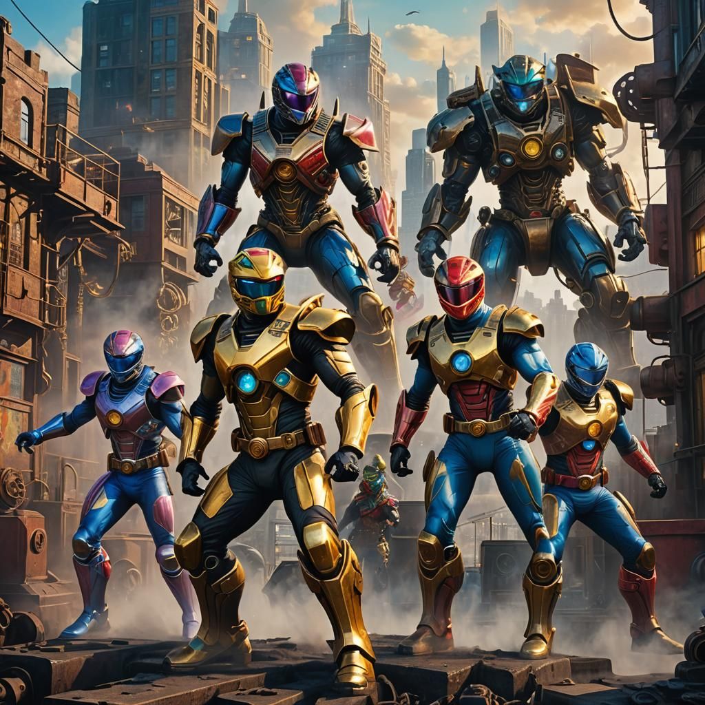 Steampunk Power Rangers in Industrial Cityscape