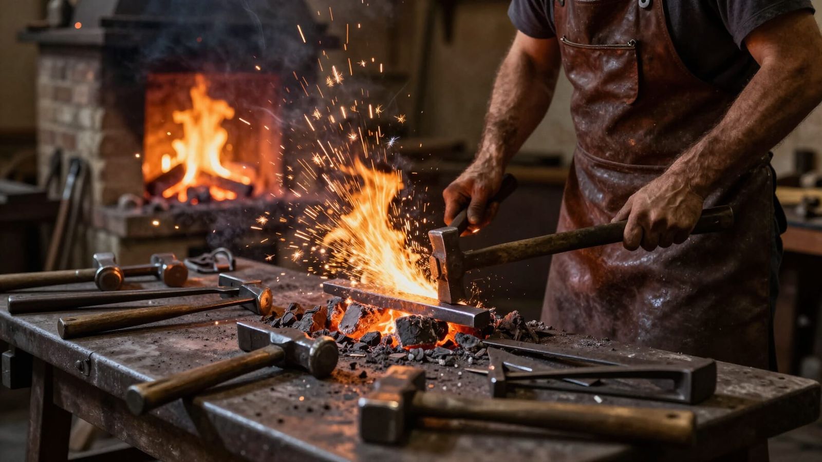 Blacksmith's Forge with Glowing Embers and Tools