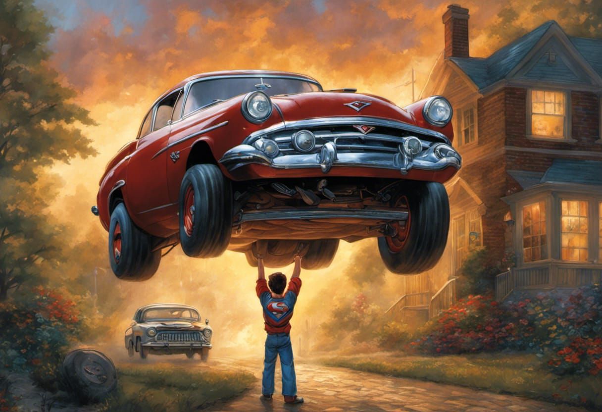Superboy Lifts Car with Lightning Power
