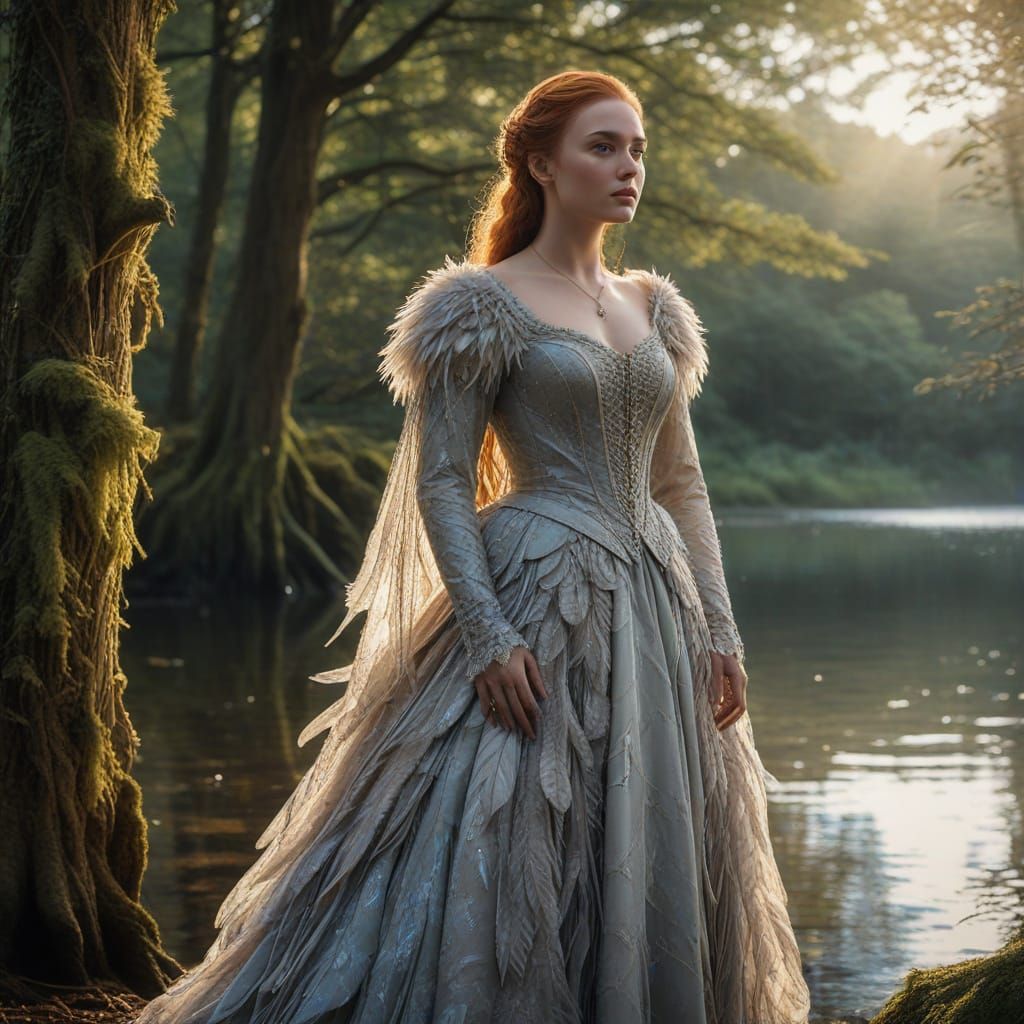 Ethereal Sansa Stark in Fairy Forest Lake Scene