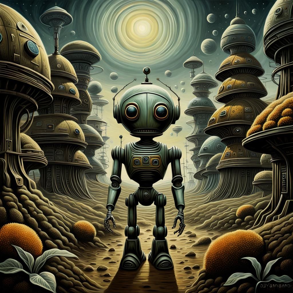 Dystopian Alien Robot Farm in Cyberpunk Style