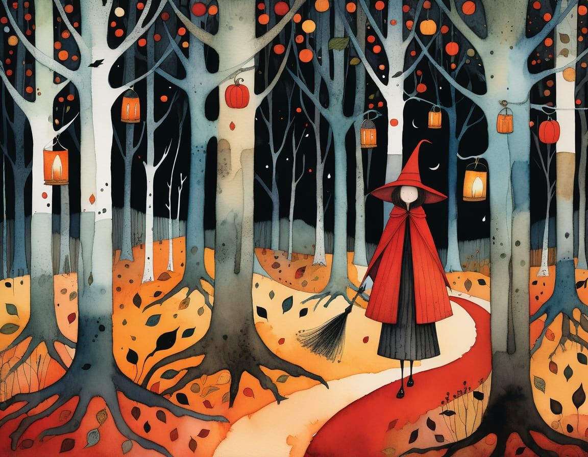 Whimsical Storybook Witch in Autumn Woods with Candle