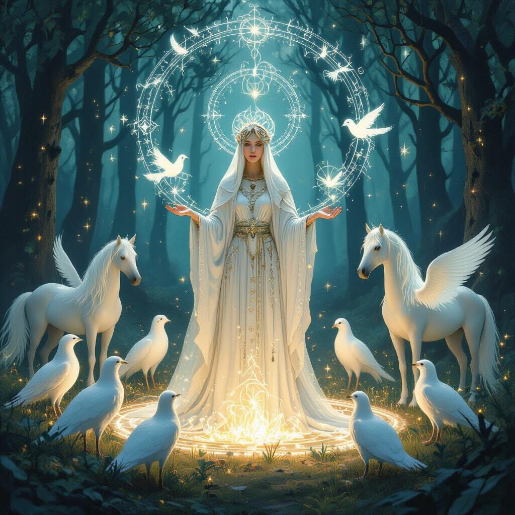 Ethereal Priestess in Twilight Forest: Mystical Surrealism